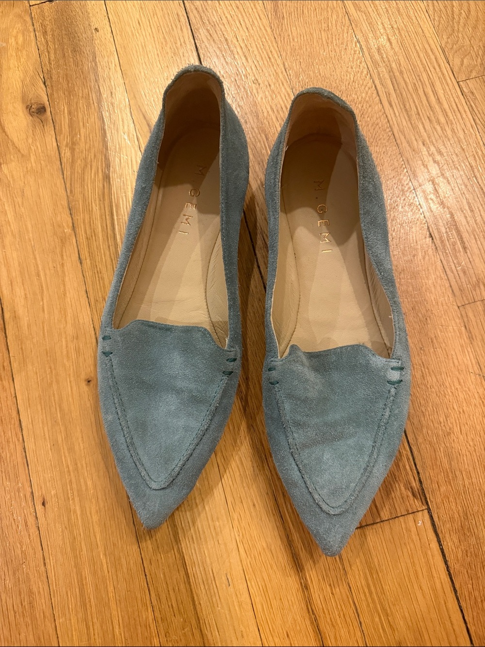 M. Gemi Teal-Blue Suede Pointed Loafers